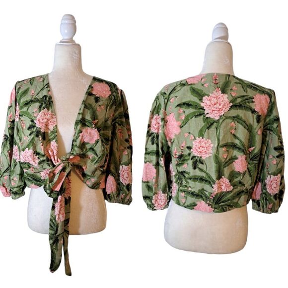 Aguabendita Women's Puffed Sleeves Green Pink Crop Tie Top Linen Blend 1X - Picture 4 of 11